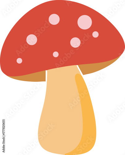 Illustration of a mushroom with a red cap and pink spots, and a beige stem. It has a simple, cartoonish design on a white background.