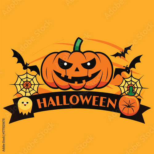A grinning jack-o'-lantern with bats, spider webs, and a ghost adorn an orange Halloween banner, evoking a playful and spooky festive atmosphere.