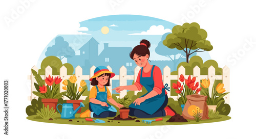Adorable little girl helping mom plant flowers together in the garden on a sunny day
