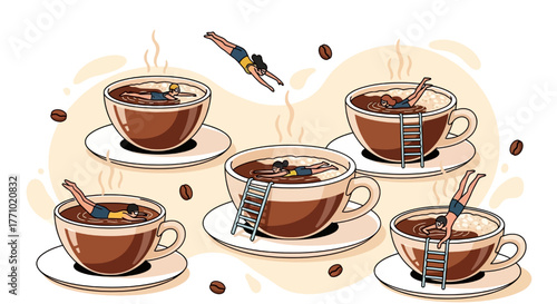 A whimsical illustration of tiny people swimming and diving in steaming cups of coffee, with ladders and scattered coffee beans.