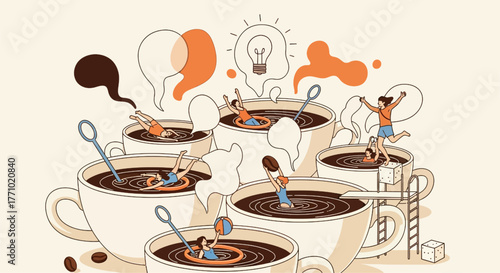 People swimming and interacting in giant coffee cups with speech bubbles and a lightbulb, symbolizing ideas and conversation.