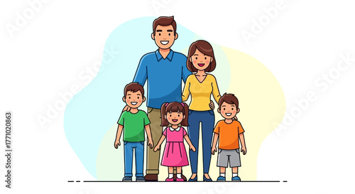 A happy cartoon family of five standing together, smiling, with parents and three children.