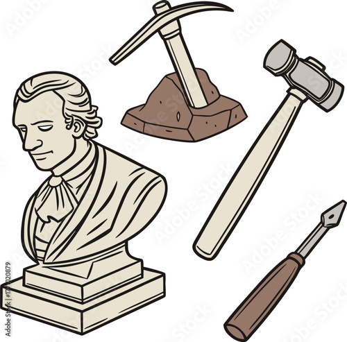 Illustration of a stone bust alongside carving tools: a pickaxe on stone, a hammer, and a chisel, symbolizing sculpture and craftsmanship.