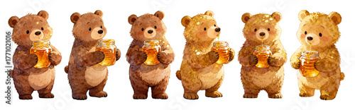 A set of watercolor style cute cartoon bears holding honey pots, bear stickers, suitable for exquisite packaging, textiles, covers, prints, banners, greeting cards, labels, wallpaper design.