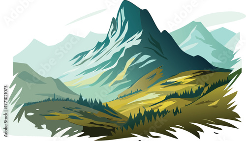 Stylized mountain landscape with jagged peaks, layered in shades of green and blue. Rolling hills and forests evoke a serene, natural atmosphere.