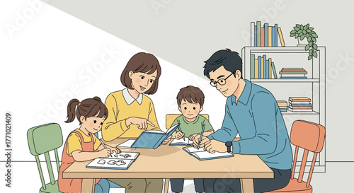 Loving family helping kids with homework together at home learning and education time