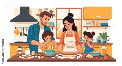 A family with two children baking together in a cozy kitchen, preparing food with joy and teamwork.
