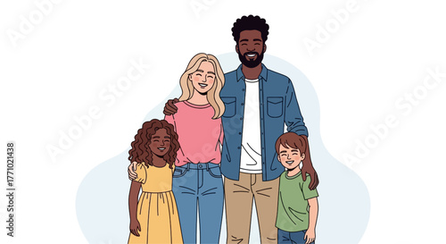 A heartwarming illustration of a happy, diverse family of four, featuring parents and their two smiling daughters.