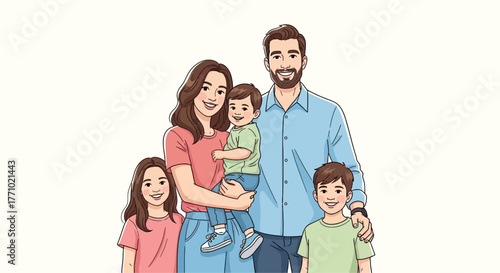 A happy cartoon family of five, including parents and three children, smiling together.