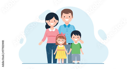 A happy cartoon family of four, including parents and two children, smiling and standing together.