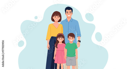A happy cartoon family of four, including parents and two children, standing together and smiling against an abstract background.