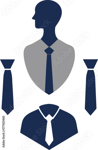 Stylized graphic features a person wearing a suit and tie in shades of blue and gray, with additional floating ties, conveying professionalism.