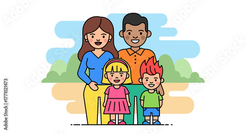 Illustration of a happy diverse family with two children standing together outdoors in a park setting.