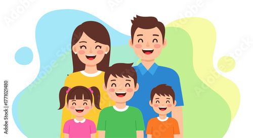 Cheerful family portrait with parents and kids smiling happily together in bright colors