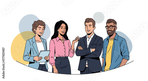 Diverse team collaborating on innovative project with tablet in bright workspace vibe