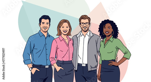 A diverse group of four smiling professionals standing together, representing teamwork and collaboration in a modern illustration.