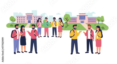 Diverse students chatting near campus buildings enjoy campus life and higher education studies