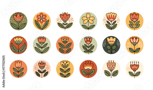 Floral Circle Icons Collection of Colorful Flower Logos Emblems Botanical Design Elements