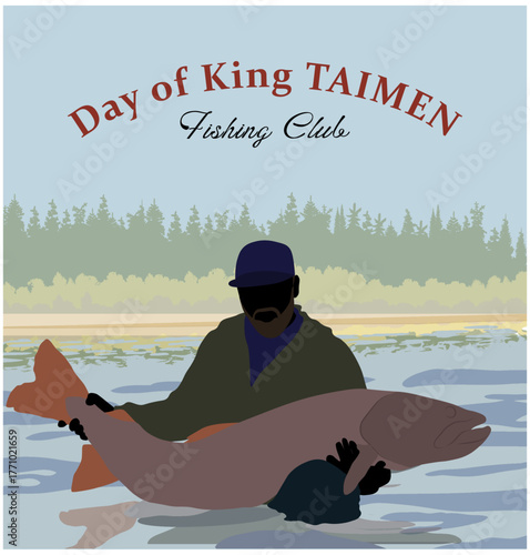 Fishing club. Man with the big fish taimen. Vector illustration