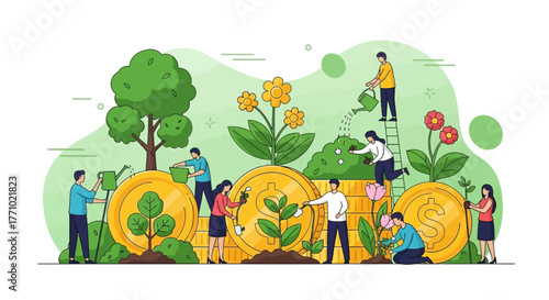 Diverse group of people cultivating plants and giant gold coins, symbolizing investment, savings, and financial growth.