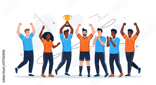 Diverse team celebrating victory with golden trophy, cheering together joyfully