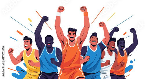 Diverse group of athletes joyfully celebrating victory after winning a sports competition