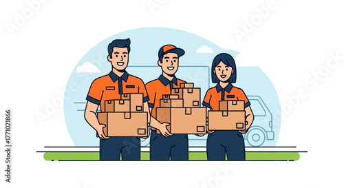 Reliable delivery service team carrying boxes in uniform with truck background design