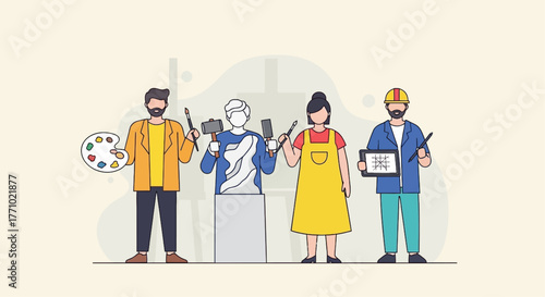 Diverse group of artists expressing creativity through painting, sculpture and design