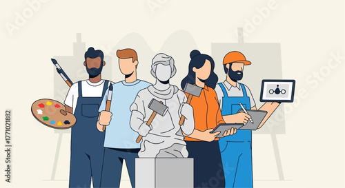 Diverse team of artists and creators working together on collaborative projects now