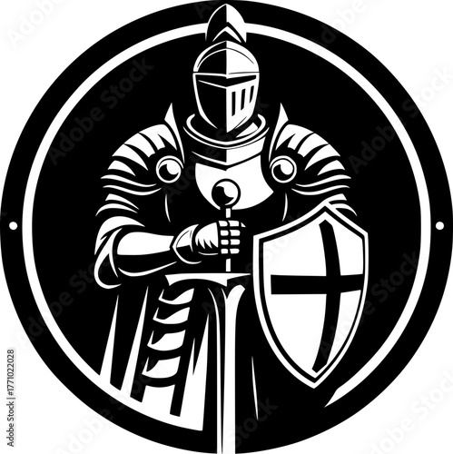 Vector illustration of a knight holding a sword and shield, heroic pose, strong and detailed design.