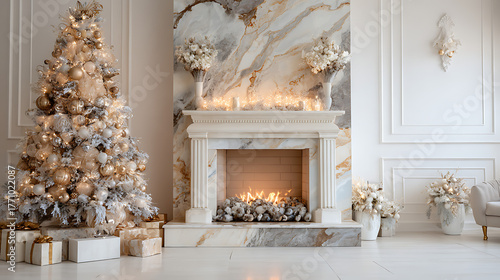 Luxury marble fireplace paired with a lavish Christmas tree covered in metallic ornaments, shimmering lights, and designer gift boxes, refined festive style, isolated on white background