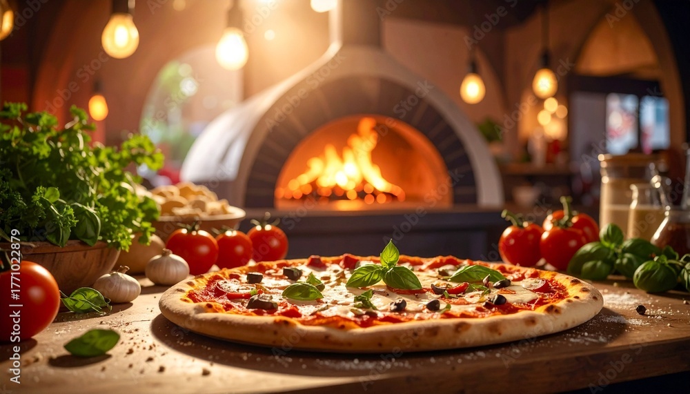 Naklejka premium pizza em close up com produtos decorando ao redor pizzaria fotografia de alimentos detalhes ingredientes delica de pizza pizza italiana