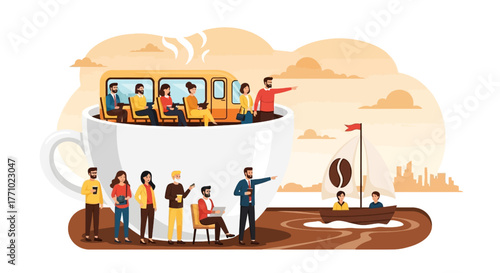 Vibrant coffee break concept with people relaxing in a cup and sailing on coffee river