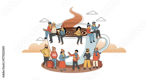 Cozy winter getaway with friends sharing coffee and stories during a festive celebration