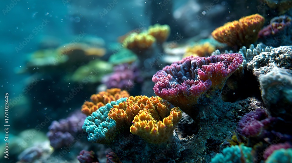 Naklejka premium Underwater Coral Reef Landscape with Vibrant Colors and Aquatic Life
