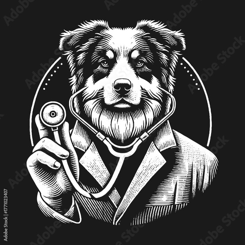 Veterinarian Dog Portrait with Stethoscope in Black and White.