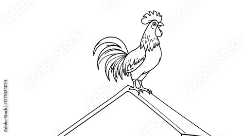 Farm rooster coloring page for kids. Cute cartoon chicken standing on the roof of a small barn. Fun and simple black and white printable for preschool and children’s art activities.