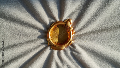 A golden circular mold for wax stamping casting long radial shadows on a textured white fabric background
