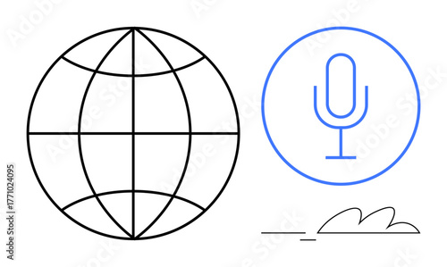 Globe and microphone icon signify worldwide connectivity, voice technology, and digital interaction. Ideal for global outreach, communication, networking, technology, media, podcasting innovation