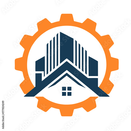 Modern Construction Company Logo Design with Gear and Building Icon