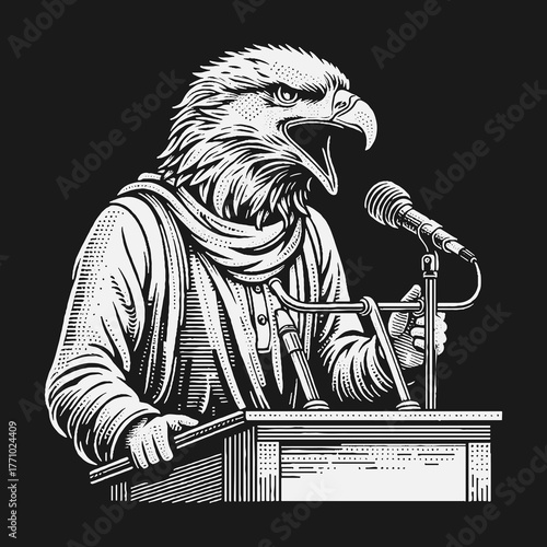 Eagle Speaker Delivering Powerful Speech at Podium.
