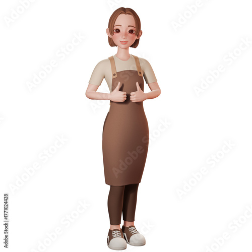 3D Render of beautiful barista cartoon in brown wears. Showing thumbs up gesture with both hands, advertising, presentations, UIUX design, promotional materials.