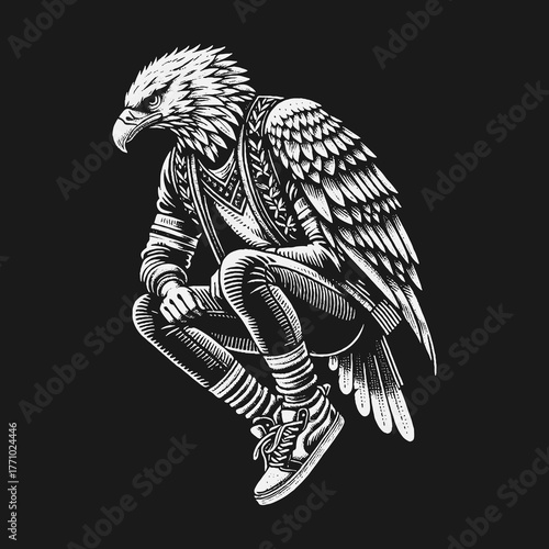 Eagle Humanoid Illustration Squatting in Fashionable Attire.