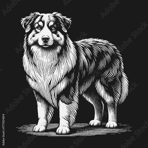 Elegant Australian Shepherd Dog Portrait in Monochrome Style.