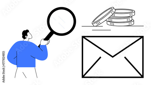 Person holding magnifying glass examining large envelope and stack of coins. Ideal for financial analysis, email marketing, investment, communication, strategy, business growth, simple flat metaphor