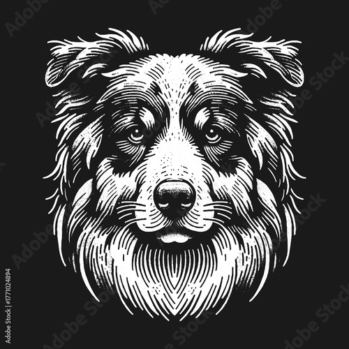 Intricate Dog Portrait: Detailed Black and White Illustration.