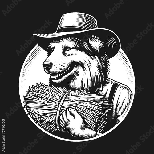 Dog Farmer Holding Hay Bundle in a Circular Frame.