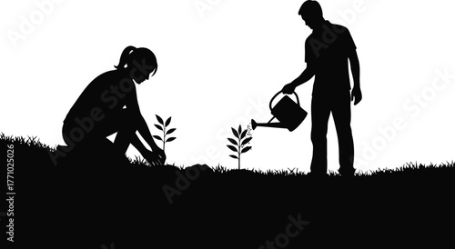 People Planting and Watering Saplings Silhouette .