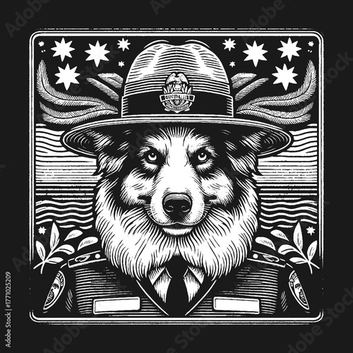Dog in Park Ranger Uniform Detailed Black and White Illustration.