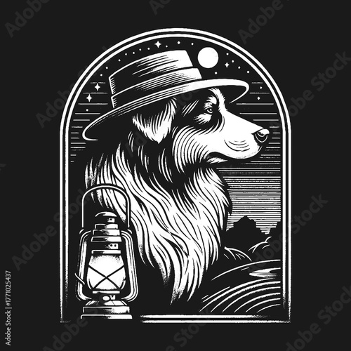 Dog in a Hat with a Lantern in a Night Scene.